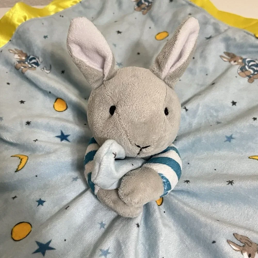 Goodnight Moon Bunny Security Blanket Lovey Lovie Blankie Blue Satin Trim